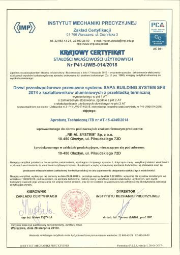 Certyfikat P41-UWB-014/2018
